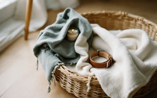 A soft blanket and folded towel gathered in a basket for preparing a pet's body to be buried at home.