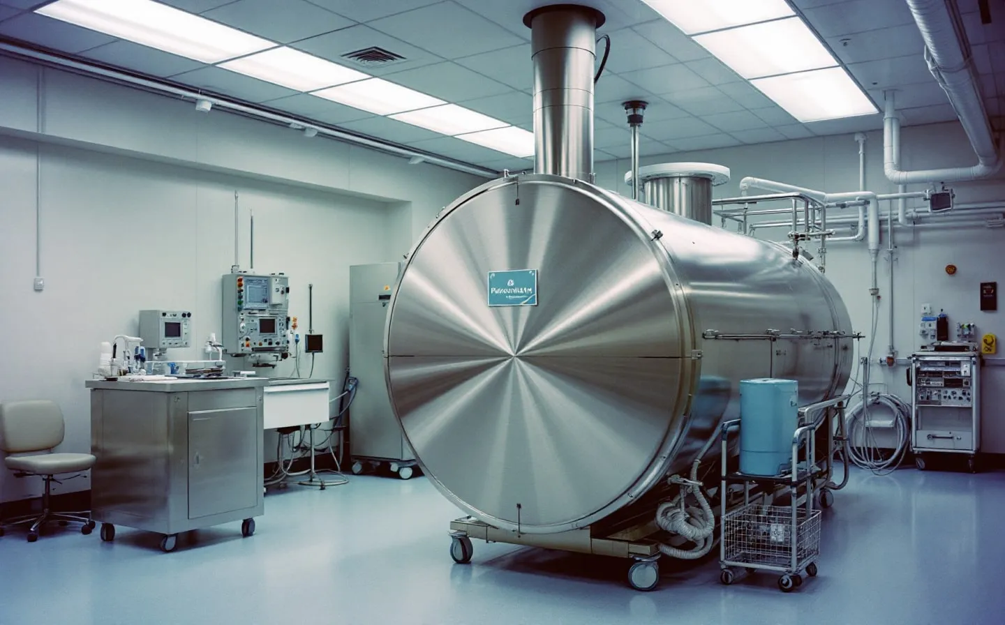A stainless-steel alkaline-hydrolysis vessel of the kind used for pet aquamation, in a clean facility setting.