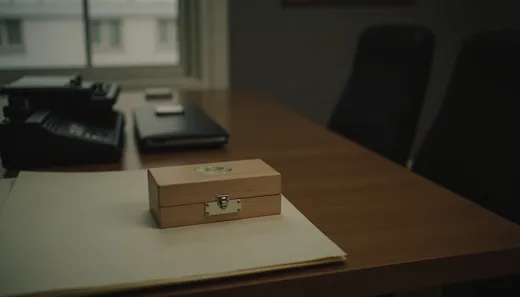 A plain wooden pet ashes box on a desk beside a closed case file, in soft window light.