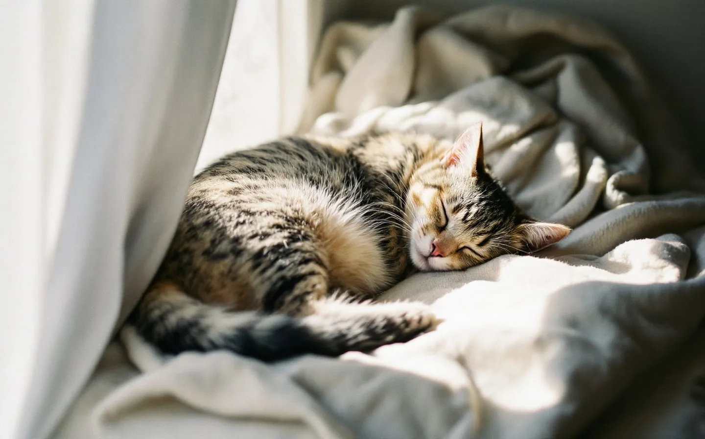 An elderly cat resting quietly on a soft blanket in a calm, sunlit corner of home.