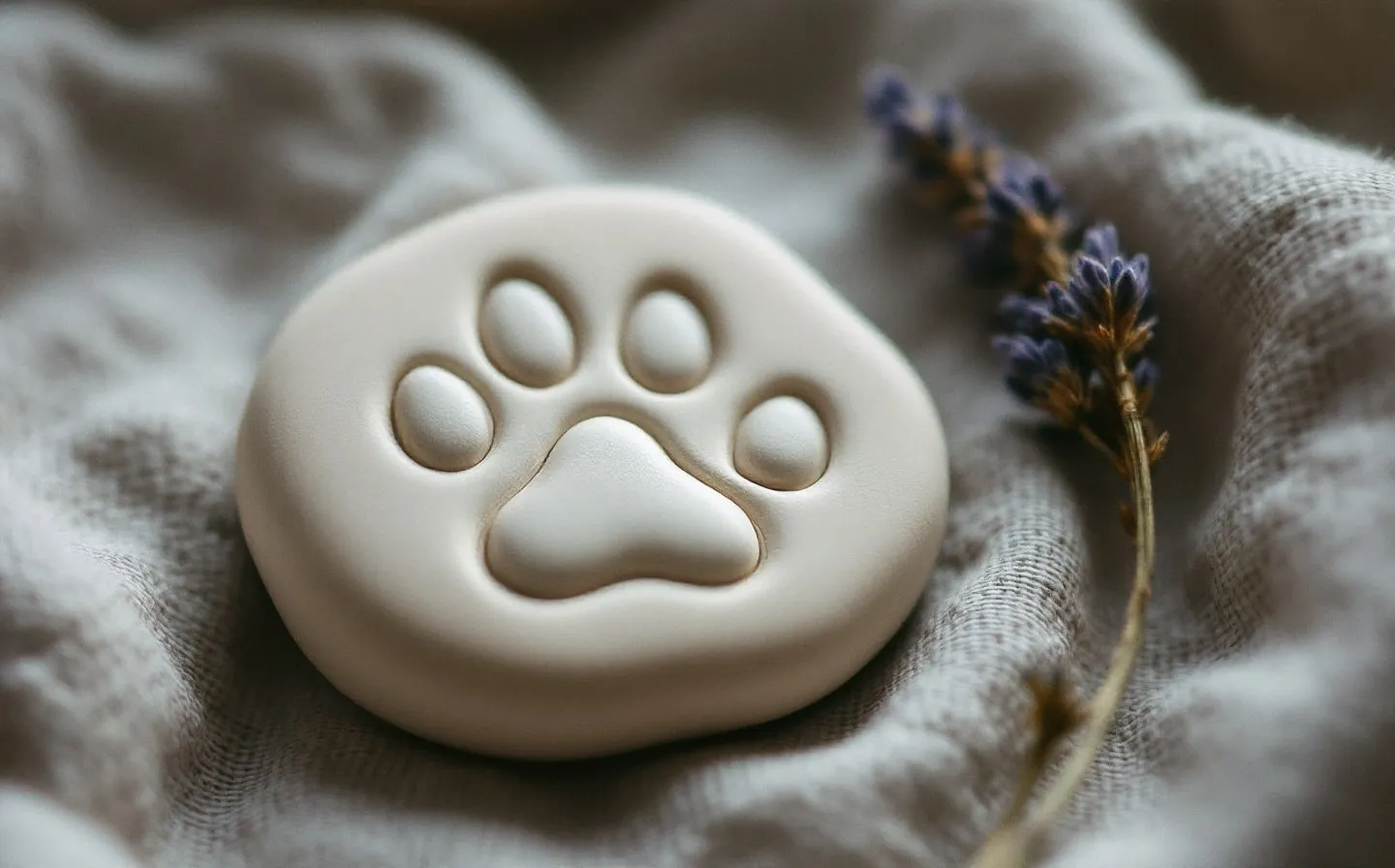 A clay paw-print keepsake on linen — part of what pet cremation pricing should make clear before you commit.