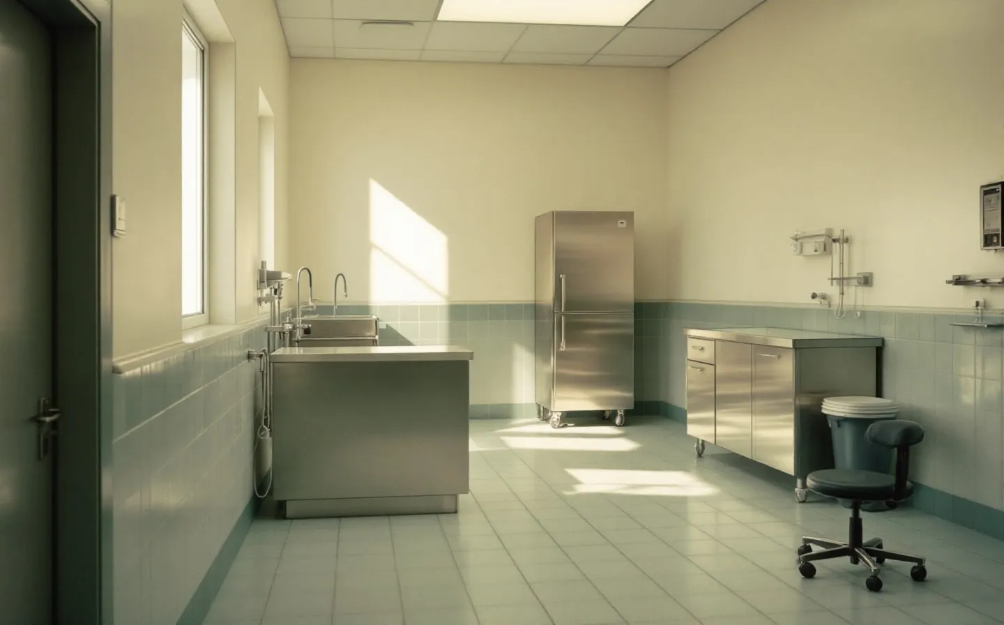 Inside a pet cremation facility — brushed stainless-steel equipment in a clean, orderly room.