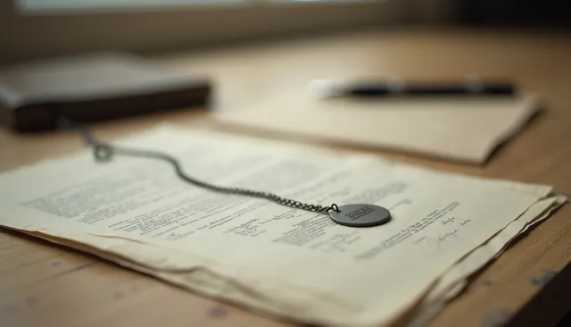 A small numbered metal identification tag on a chain resting on a printed certificate on a wooden desk.