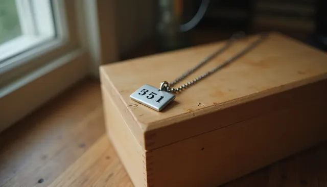 A small numbered metal identification tag on a chain resting on a plain wooden pet ashes box by a window.