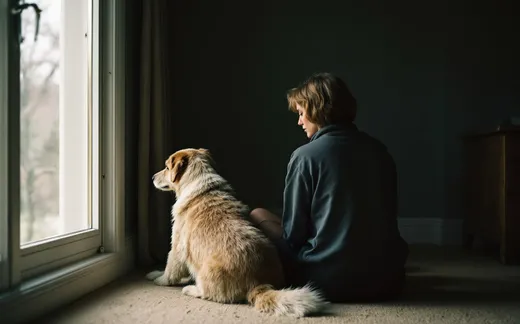 An older dog rests on the floor by a window while their owner sits close, a hand on the dog's side in the afternoon light.
