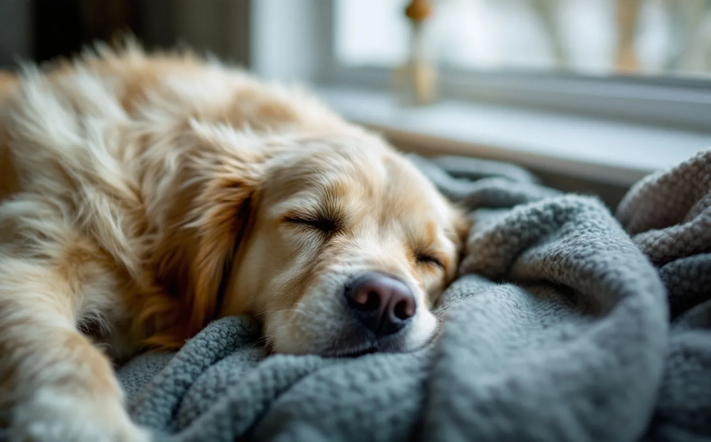 A senior dog resting peacefully on a soft blanket by a sunlit window at home.