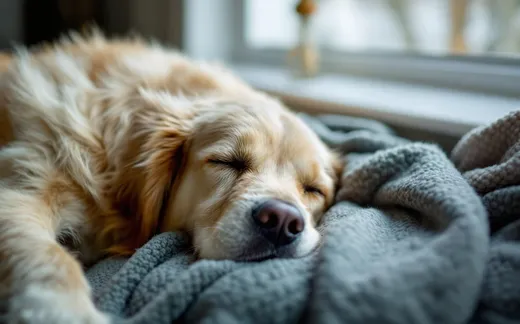 An older dog resting on a soft bed in a calm, sunlit room at home.