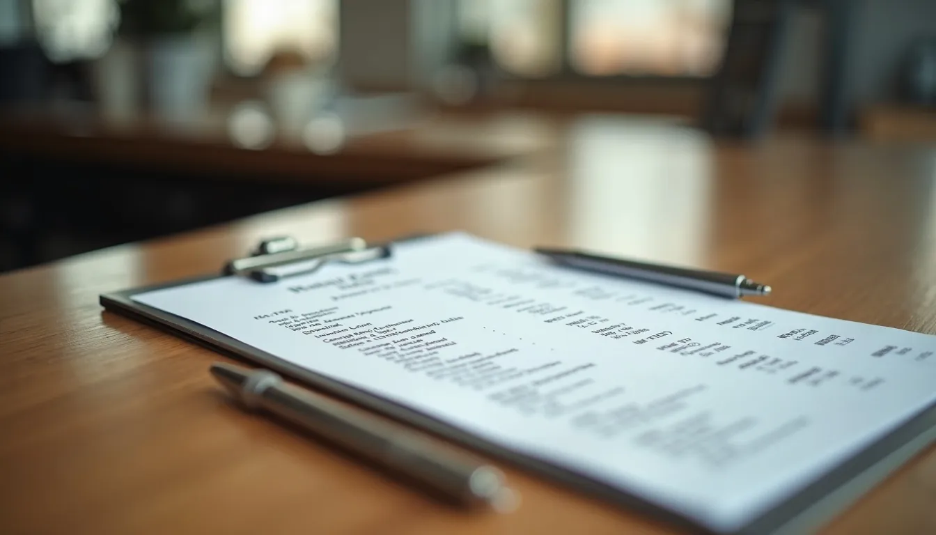 A printed itemized price list on a clipboard with a pen, on a wooden table in a softly lit room.