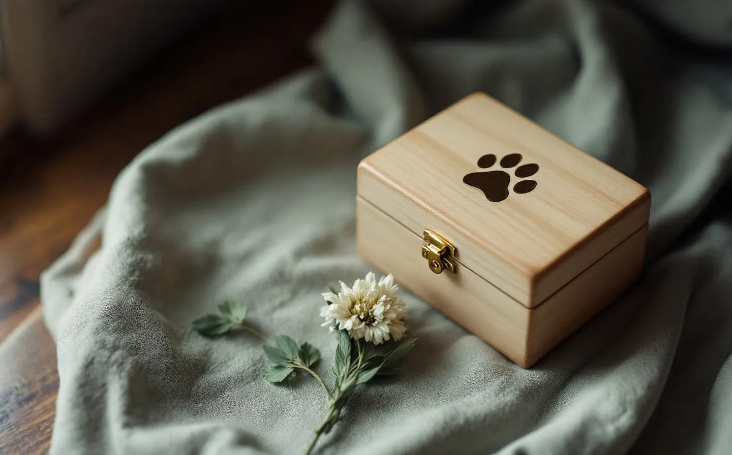 A wooden keepsake box holding a clay paw print, a folded ribbon, and a small fur clipping on soft linen.