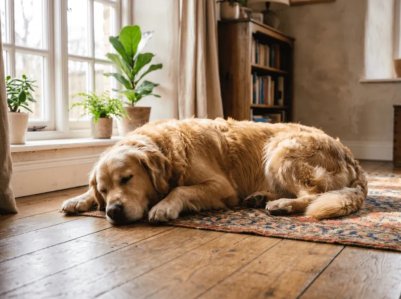 A golden retriever lying peacefully on a sunlit hardwood floor.