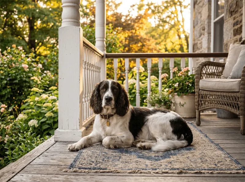 A medium-sized spaniel resting on a sunlit porch.