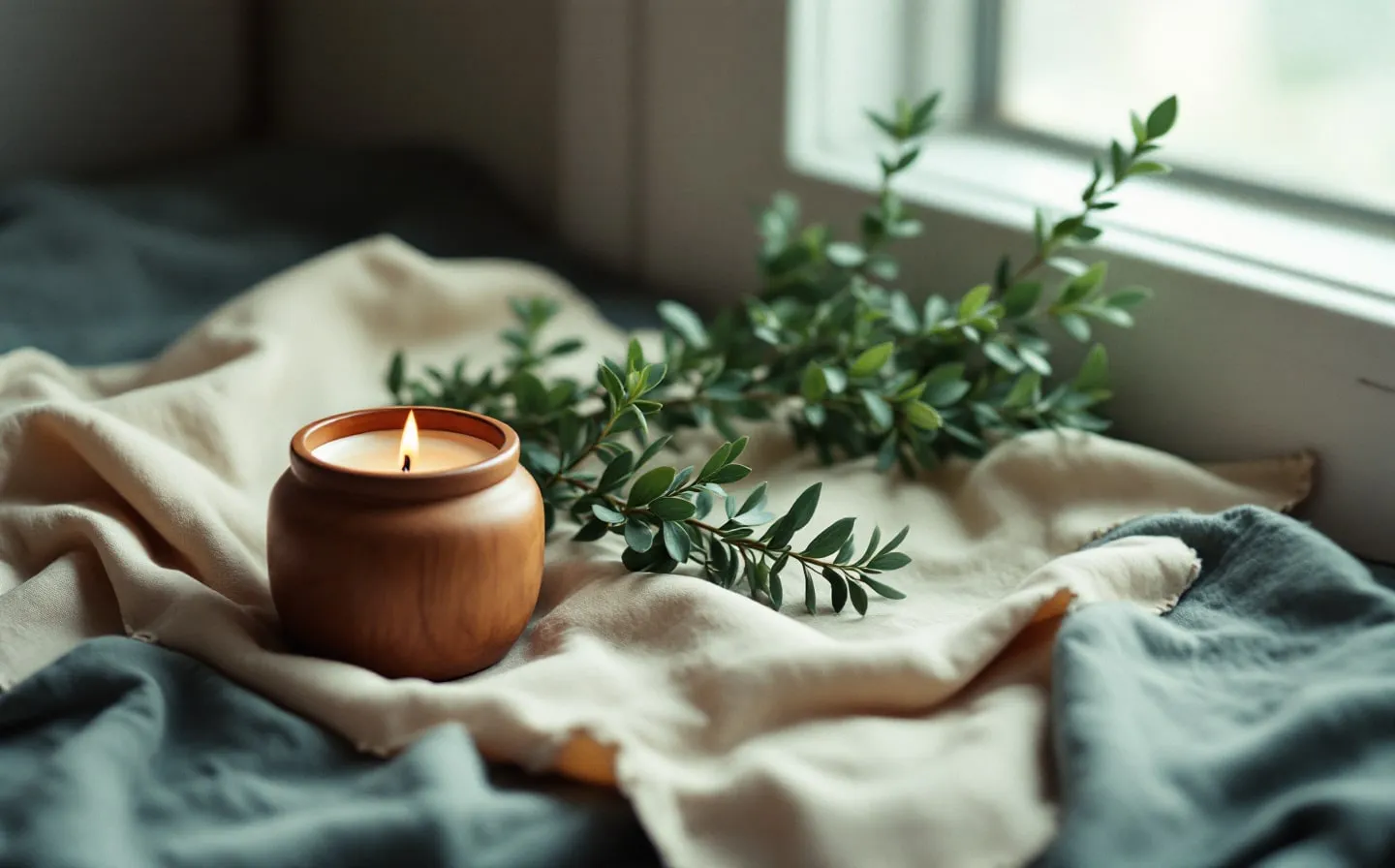 A quiet home memorial — a lit candle, a wooden pet urn, and a sprig of greenery on a parchment cloth.