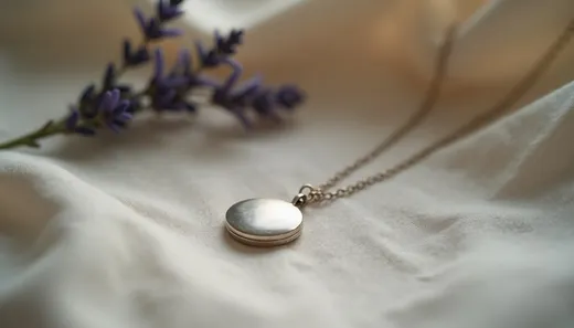 A small round silver memorial locket on a fine chain, resting on soft linen beside a sprig of dried lavender.