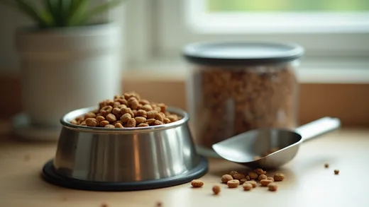 A stainless steel dog food bowl with kibble beside a sealed airtight pet-food storage container and a metal scoop on a kitchen counter.
