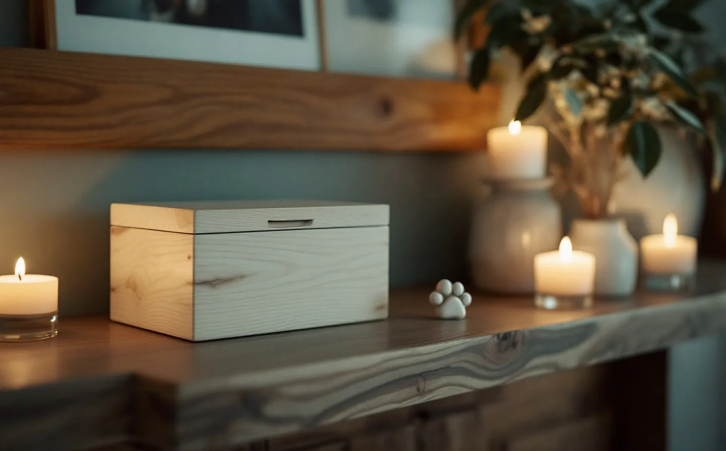 A simple wooden pet cremation urn on a mantel beside a clay paw-print keepsake and a softly lit candle.