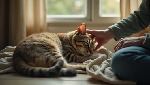 An elderly cat rests on a soft blanket by a window while their owner sits close, a hand gently on the cat's back in warm afternoon light.
