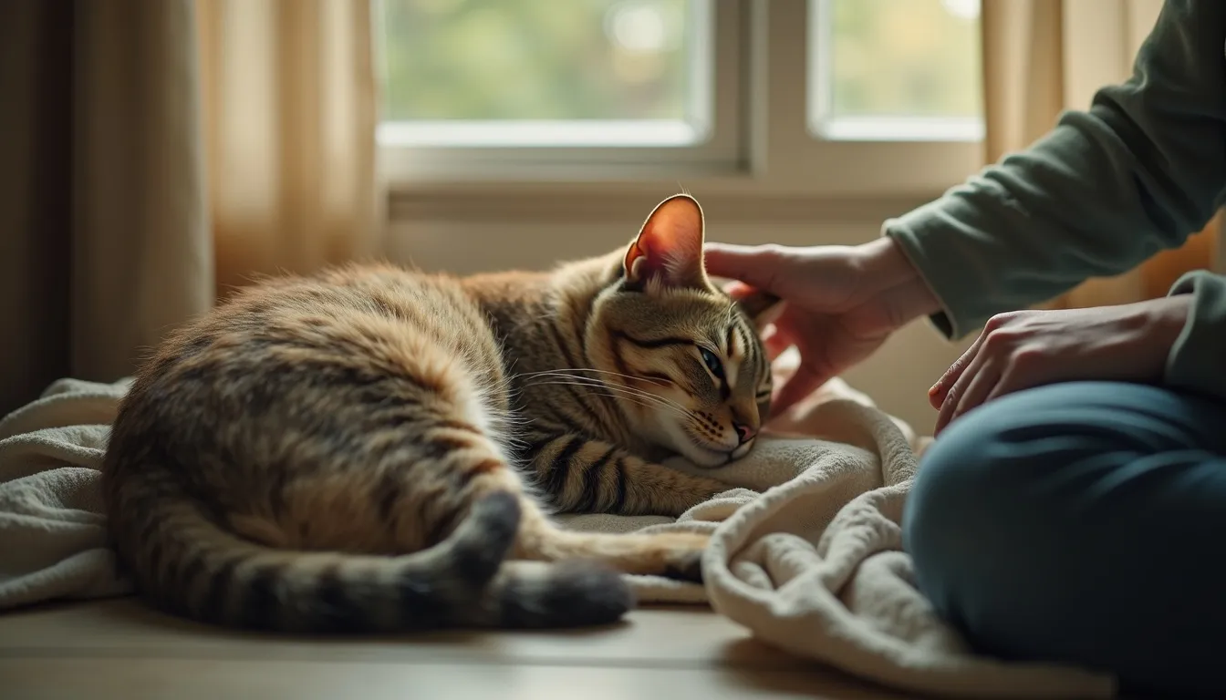 An elderly cat rests on a soft blanket by a window while their owner sits close, a hand gently on the cat's back in warm afternoon light.