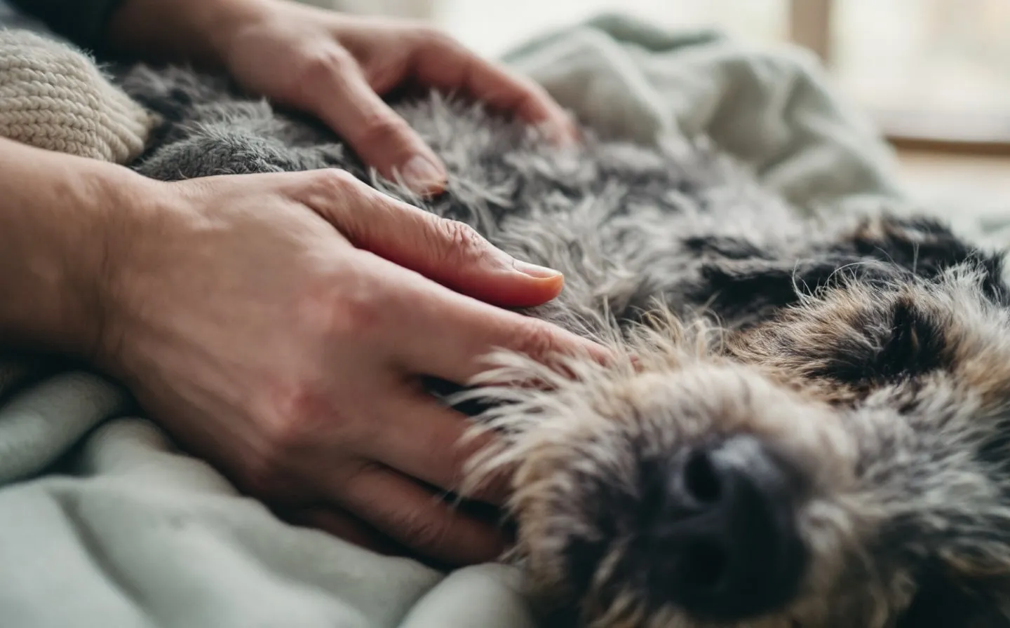 A veterinarian's hands resting gently on a calm senior dog during a quiet exam.