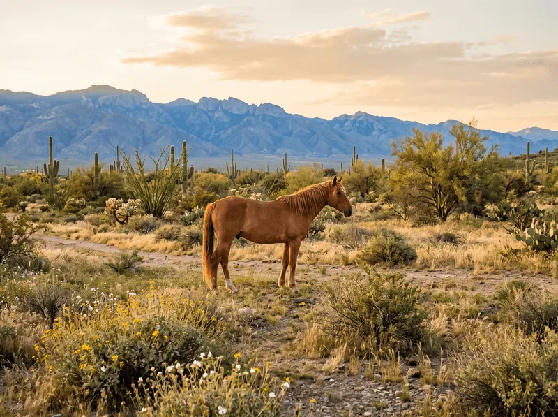 A horse standing peacefully in a Sonoran desert pasture at golden hour.